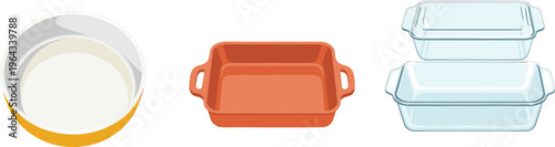 Baking Dish Vector Collection Featuring Ceramic and Glass Oven Dishes, Casserole Trays, and Kitchen Cookware for Cooking, Food Preparation, and Kitchen Design