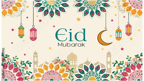 Colorful eid mubarak celebration with traditional patterns and crescent moon designs