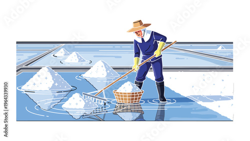 Salt Harvesting on Sea: A hardworking harvester meticulously rakes the salt in the salt fields.