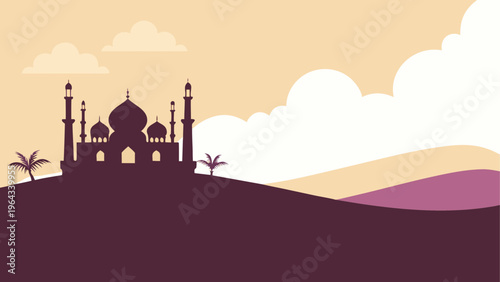Silhouette of a mosque with domes and minarets against a desert sunset sky