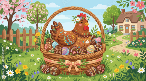 Spring Easter Basket: A whimsical illustration of a hen adorned with flowers nested inside a basket, brimming with colorful eggs in a charming spring garden.