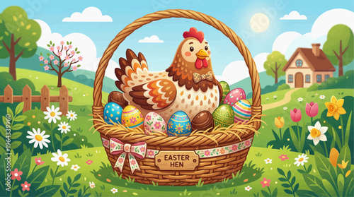 Easter Hen's Gift: A beautifully illustrated hen sits serenely within a basket, surrounded by colorful decorated eggs and a quaint landscape, evoking the spirit of spring.