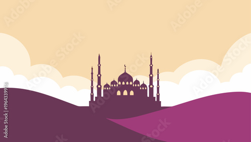 Silhouette of mosque with minarets against a sunset sky