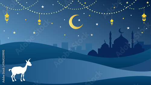 Lone goat standing under a starry desert night with silhouetted minarets