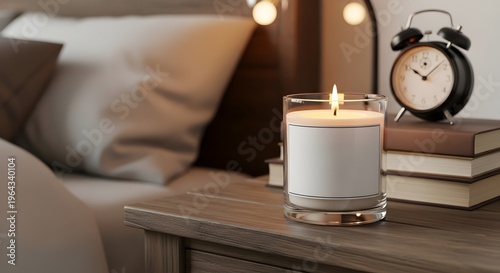A lit candle in a glass jar with a white label sits on a wooden bedside table next to a stack of books and an old fashioned black alarm clock with a blurred background of a bed with