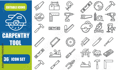 Professional Carpentry Tools and Woodworking Equipment Minimalist Thin Line Vector Icon Set
