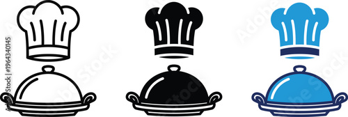 Collection of six chef hat and covered dish icons in various colors and styles for culinary themes