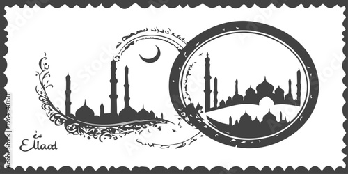 An aged collection of black and white vintage stamps featuring a cross, city architecture town skylines with retro postage postmarks on antique mail correspondence