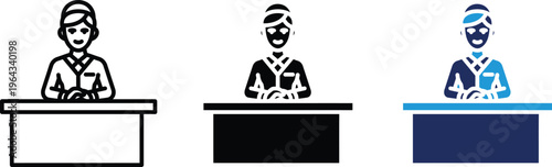 Three cartoon style judges or presenters standing behind podiums with different colored designs and attire