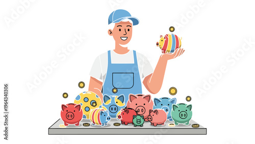 Piggy Bank Display: A cheerful vendor presents a colorful array of piggy banks, symbolizing savings and financial planning. The display is a visual invitation to cultivate financial wellness.