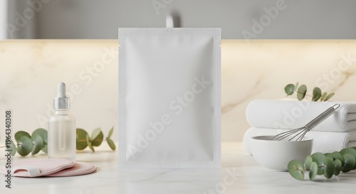 Blank white cosmetic pouch standing on marble countertop surrounded by skincare products eucalyptus leaves pink makeup remover pads dropper bottle and white towels with metal whisk in