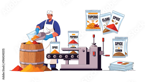 Spices Processing: Capturing the essence of spice production, a worker expertly manages the automated filling of spice packets, reflecting the care taken in delivering flavorful ingredients.