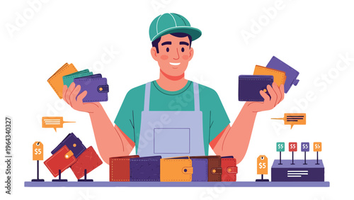 Wallet Display and Salesman: An illustration of a salesman presenting a vibrant array of wallets in a shop, showcasing an assortment of designs and colors. 