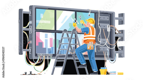 Digital Display Installation: A skilled technician, equipped with tools, diligently works to install a large digital display, embodying precision and technical expertise.