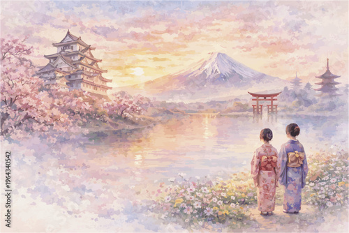 Japanese Watercolor Travel Landscape with Mount Fuji, Kimono Women and Sakura Flowers