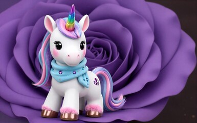 Cute unicorn with rainbow horn sits on purple rose wearing a blue