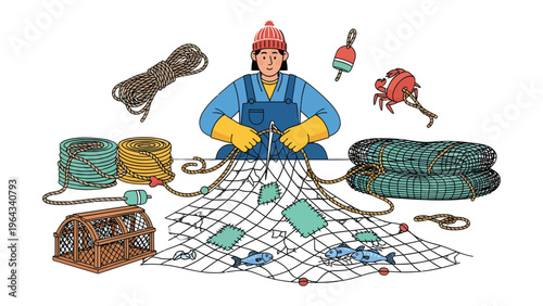 Fisher at Work: A diligent fisher focuses on repairing a fishing net, surrounded by essential tools, representing a day's work and commitment.