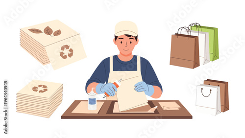 Crafting Eco-Friendly Packaging: An individual meticulously crafts eco-friendly packaging, focusing on sustainability. This scene showcases the beauty of sustainable practices.