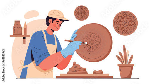Artisan at Work: An artisan meticulously sculpts intricate designs onto a ceramic plate, demonstrating their expertise and passion for the craft. 