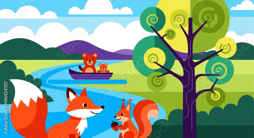Two foxes by river landscape.