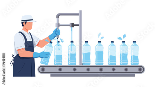 Water Bottling Line: An illustration capturing the process of filling water bottles on an automated production line with a worker overseeing quality and efficiency. 