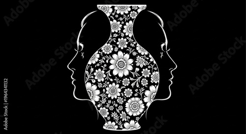 Vase with floral patterns faces.