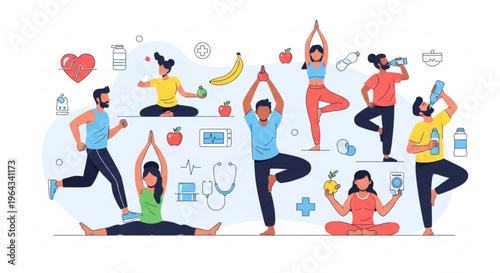 Diverse people practicing yoga with healthy food and wellness icons around them in a colorful illustration