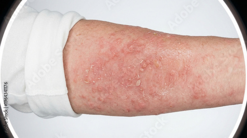 Close-up of an arm with a red skin rash, highlighting inflamed texture and irritation, against a neutral background