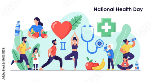People engaging in healthy lifestyle activities on national health day with fruits and medical symbols