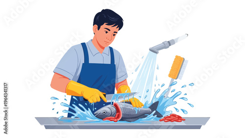 Fishmonger at Work: A skilled fishmonger diligently prepares fresh seafood, expertly filleting a fish with precision in a clean and efficient workspace.