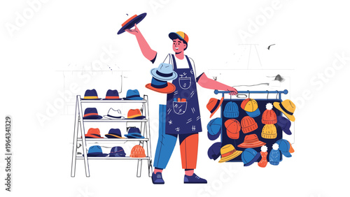 Hatter's Display: A hatter showcases a variety of stylish hats, offering a colorful display of headwear options for customers.