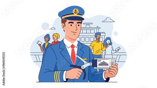 A Maritime Captain's Digital Realm: A maritime captain, smartly clad in his uniform, navigates the digital realm. A vibrant display of a cruise ship in hand. and passengers with tickets on the deck. 
