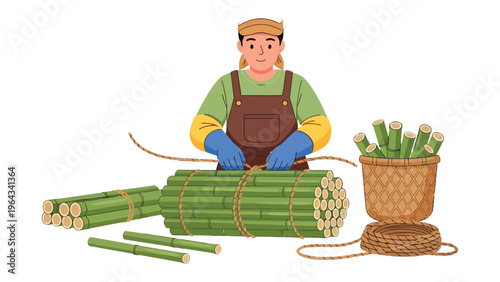 Bamboo Artisan at Work: A skilled artisan meticulously binds harvested bamboo stalks, showcasing the age-old craftsmanship and sustainable practices.