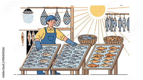 Fish Drying Artisan: An artisan meticulously arranges freshly caught fish on drying racks under the warm sun, a time-honored tradition showcasing the art of preservation and sustainable practices.