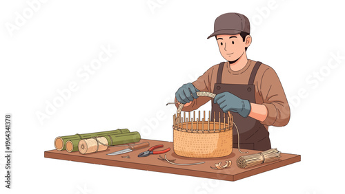 Artisan at Work: An artisan meticulously weaves natural materials, crafting with skilled hands and focused attention in the art of handcrafting.