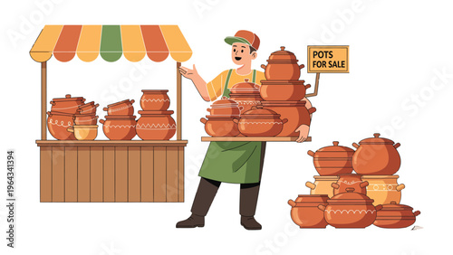 Potter's Showcase: A diligent vendor proudly presents his handcrafted earthen pots. Displaying the artistry and warmth of traditional pottery.