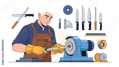 Crafting Precision: A skilled artisan meticulously sharpens a knife with focused concentration, surrounded by an array of essential tools, embodying dedication and craftsmanship.