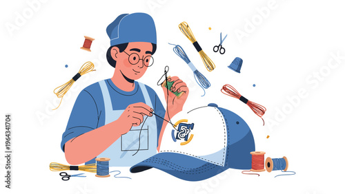 Crafting with Care: An artisan meticulously embroiders a design onto a cap, surrounded by tools of the trade. The scene is one of focus, patience, and meticulous skill.