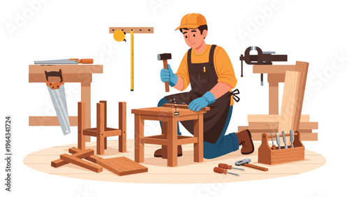 Craftsman at Work: A skilled craftsman, meticulously working with precision and passion on woodworking. The scene showcases his expertise with an array of tools.