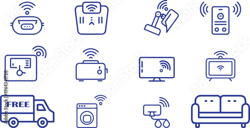 Blue line of smart home devices with wifi signal
