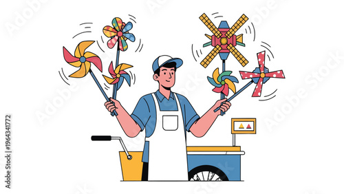 Whimsical Pinwheel Vendor: A cheerful pinwheel vendor with a friendly demeanor and vibrant pinwheels and a cart that represents cheerful.