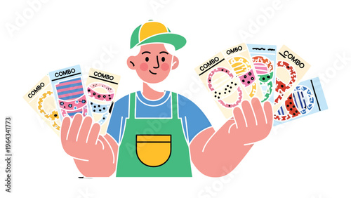 Combo Card Illustration: A cheerful vendor presents an array of combo cards, showcasing an assortment of designs. A vibrant and appealing visual of selection.