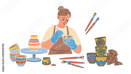 Artisan's Artistic Expression: A skilled artisan, enveloped in the creative process, delicately applies brushstrokes, infusing life into ceramic pottery.