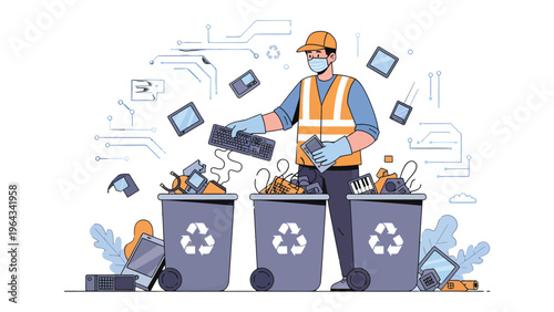 Tech Recycling Day: An illustration depicting a worker carefully sorting electronics into recycling bins, championing sustainability and responsible disposal of tech waste.