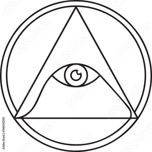 A geometric line icon on a square that features an eye inside a pyramid with various geometric shapes like triangles of  Illuminati sign.
