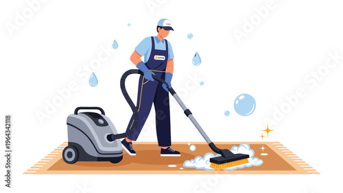 Cleaning Professional: A skilled cleaning professional meticulously cleans a carpet using advanced equipment. The image highlights the efficiency and thoroughness of modern cleaning techniques