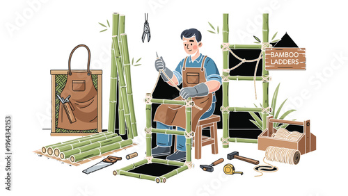 Crafting Bamboo Ladder: An artisan meticulously works to construct a sturdy bamboo ladder, surrounded by his tools, showcasing his expertise in traditional craftsmanship.