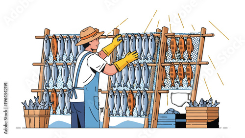 Artisan's Catch: A dedicated artisan meticulously arranges the daily catch, each fish carefully placed to dry, representing skill and tradition. 