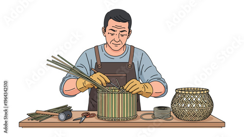Artisan Crafting: A skilled artisan meticulously weaves a wicker basket, embodying patience and precision in traditional craftsmanship.