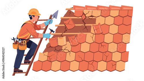 Roof Repair by Builder: An expert builder is meticulously repairing a roof, focusing on details.